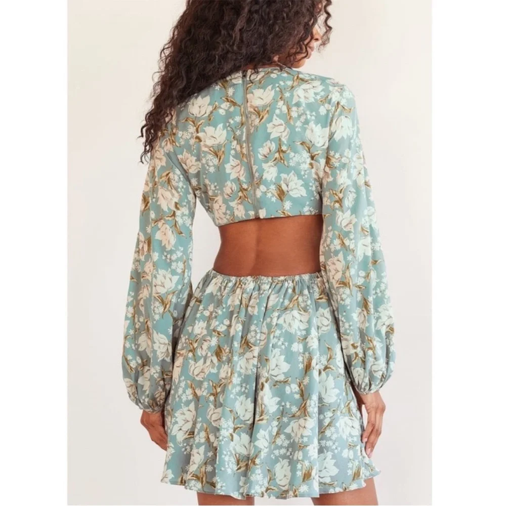 NWT Lulus First Blooms Dusty Blue Floral Print Long Sleeve Cutout Dress XL Mini - Picture 5 of 11